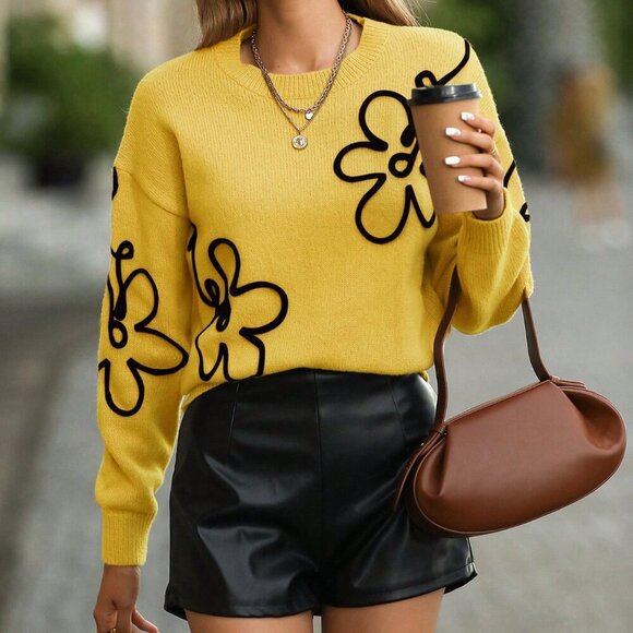Yellow Casual Womens Floral pattern long Sleeve Knit Sweater top - Picture 2 of 7